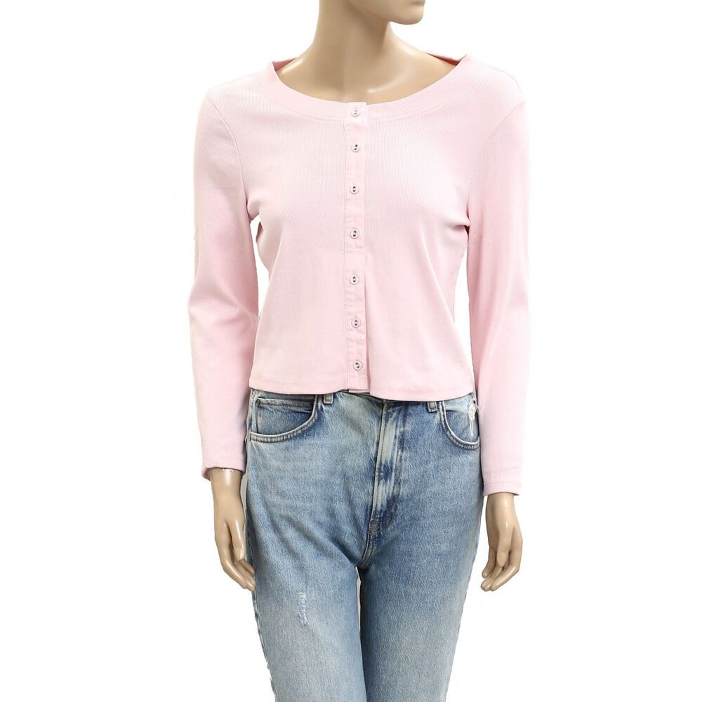 Free People Free-Est Ribbed Blouse Top Buttondown Boat Neck Pink M NWD 281437